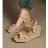 女夏草编厚底一字扣带坡跟玛丽珍鞋 9cm超高跟凉鞋 显瘦 Kmeizu法式