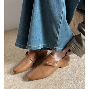 Kmeizu设计感~方头乐福鞋女春新款简约小皮鞋纯真皮窝窝中跟单鞋