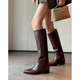 Kmeizu美拉德直筒宽松长筒靴女秋冬真皮显瘦骑士靴低跟平底高筒靴