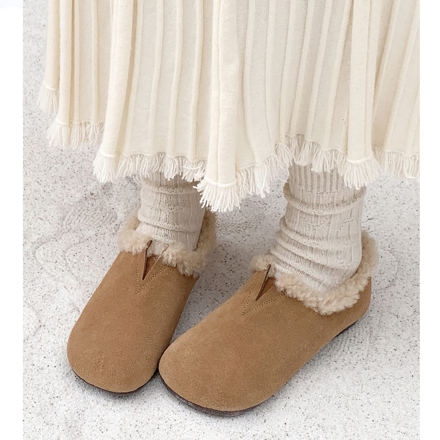 加绒毛毛平底窝窝单鞋气质勃肯鞋