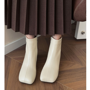 5.5cm粗跟短靴女秋冬芒果方头真皮中跟时装 Kmeizu巨显瘦 及踝裸靴