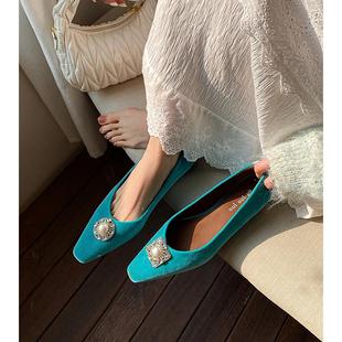 国风平底瓢鞋 女春小方头新中式 3cm内增高水钻单鞋 Kmeizu高级丝绒