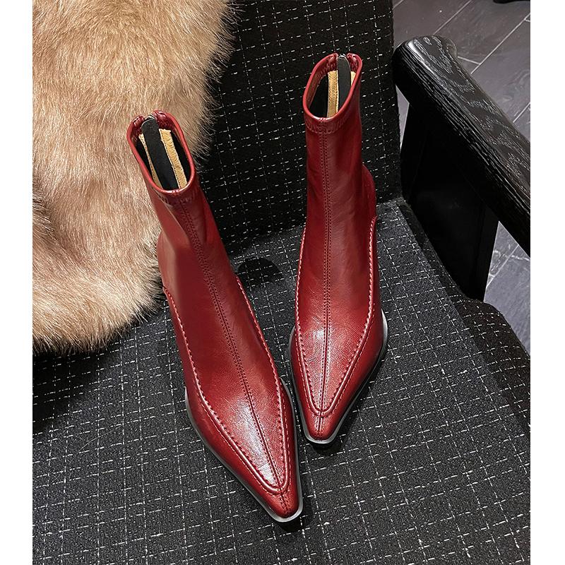 法式商务尖头简约高跟短靴