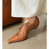 Kmeizu巨显瘦 4cm牛皮中粗跟德比单鞋 系带乐福鞋 女新潮流苏小皮鞋