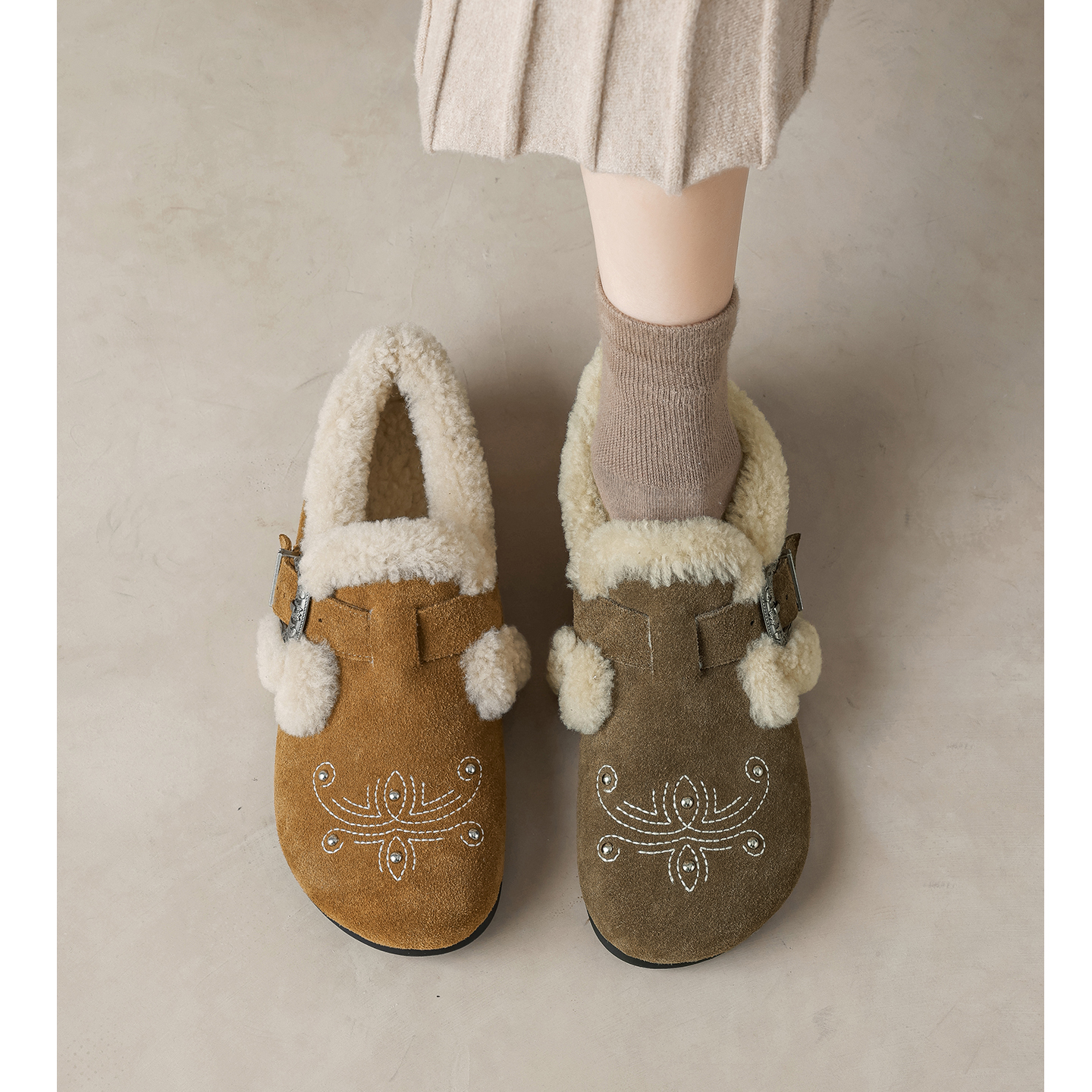 平底加绒一脚蹬单鞋气质勃肯鞋