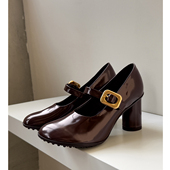 女宅女乖乖大圆头一字扣带高跟单鞋 Kmeizu不累脚 8cm粗跟玛丽珍鞋