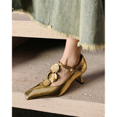 Kmeizu用心做好鞋 高跟鞋 6cm粗跟单鞋 女羊皮花朵一字扣带玛丽珍鞋