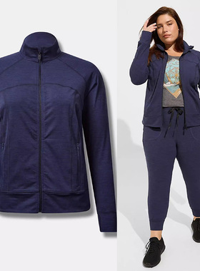 180斤欧美单大码女指套立领薄款软糯藏青弹力速干运动健身外套Y71