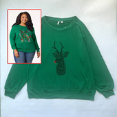 160斤 270斤欧美胖MM特加大码 女绿色圣诞麋鹿细毛圈圆领薄卫衣312