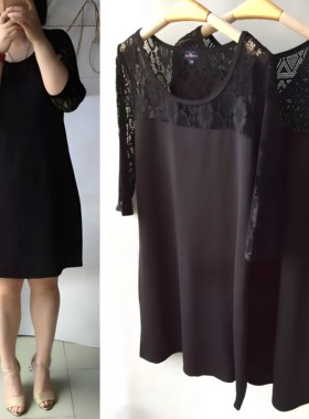 XL-2XL 外贸气春夏女简约显瘦蕾丝花朵七分袖宽松腰小黑色连衣裙