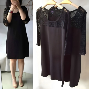 XL-2XL 外贸气春夏女简约显瘦蕾丝花朵七分袖宽松腰小黑色连衣裙