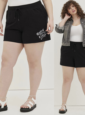 250斤欧美95棉特大码胖mm女高腰黑色印花宽松健身运动短裤P35包邮