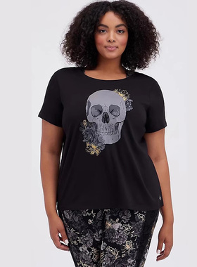 T0美单200斤大码女轻薄骷髅烫金黑色运动莫代尔棉短袖t恤Y115包邮