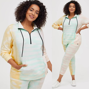 女翻领拉链扎染95棉中长卫衣317 350斤欧美春秋特大码 瑕疵 210斤