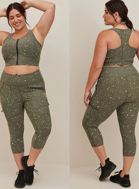 T家 300 400斤 欧美大码女速干弹力健身运动拉链文胸高腰裤子Y142