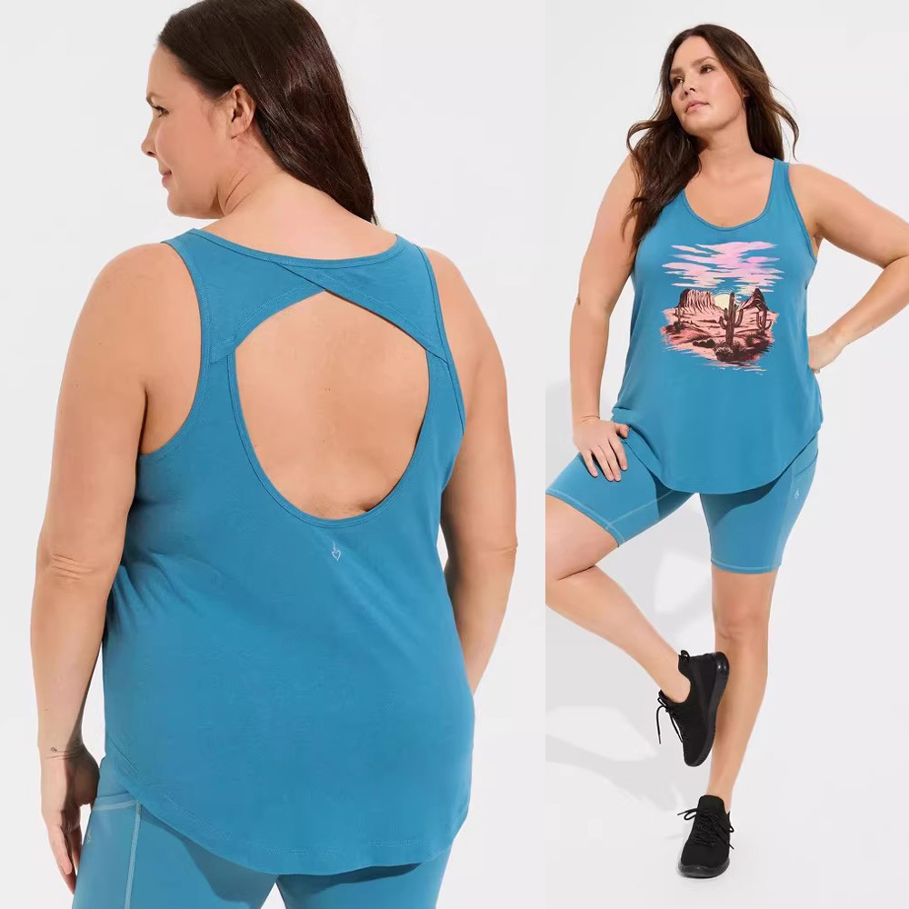 280斤瑕疵欧美特大码女漏背弹力棉健身宽松瑜伽运动中长背心Y72