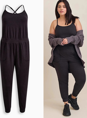 140斤 欧美大码女深灰色速干口袋弹性健身运动连体裤Y36