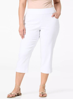 200-270斤plus size欧美夏秋特大码女弹力修身白色弹力七分裤303