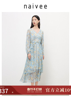 商场同款naivee纳薇秋真丝桑蚕丝度假风V领收腰印花连衣裙