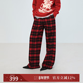 naivee26春新款 磨毛格子裤 黑红撞色格纹休闲阔腿裤