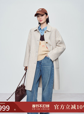 naivee纳薇25冬新款复古通勤直筒H型翻领人字纹绵羊毛双面呢大衣