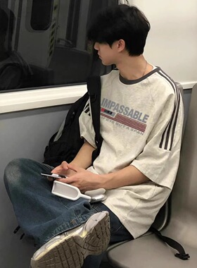 男士夏季短袖t恤美式复古灰色三条杠短袖恤男夏季潮牌重磅青少年