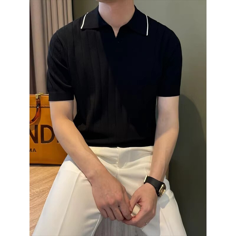 老钱风海鸥v领针织短袖男款夏季美式正肩轻熟风polo衫纹冰凉感t恤