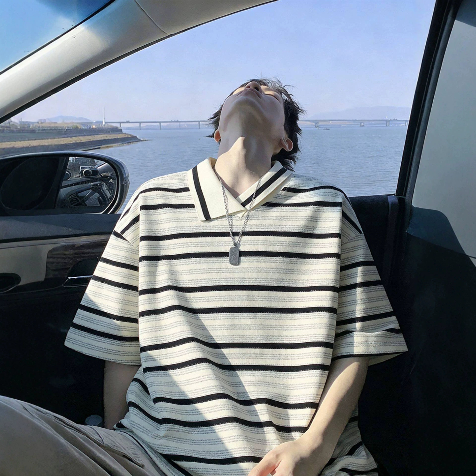 不规则条纹领短袖男加肥大码潮牌