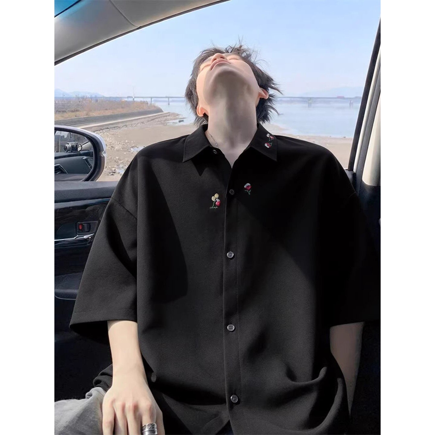 冰丝垂感花卉刺绣短袖衬衫男款夏季新中式高级感痞帅宽松大码衬衣