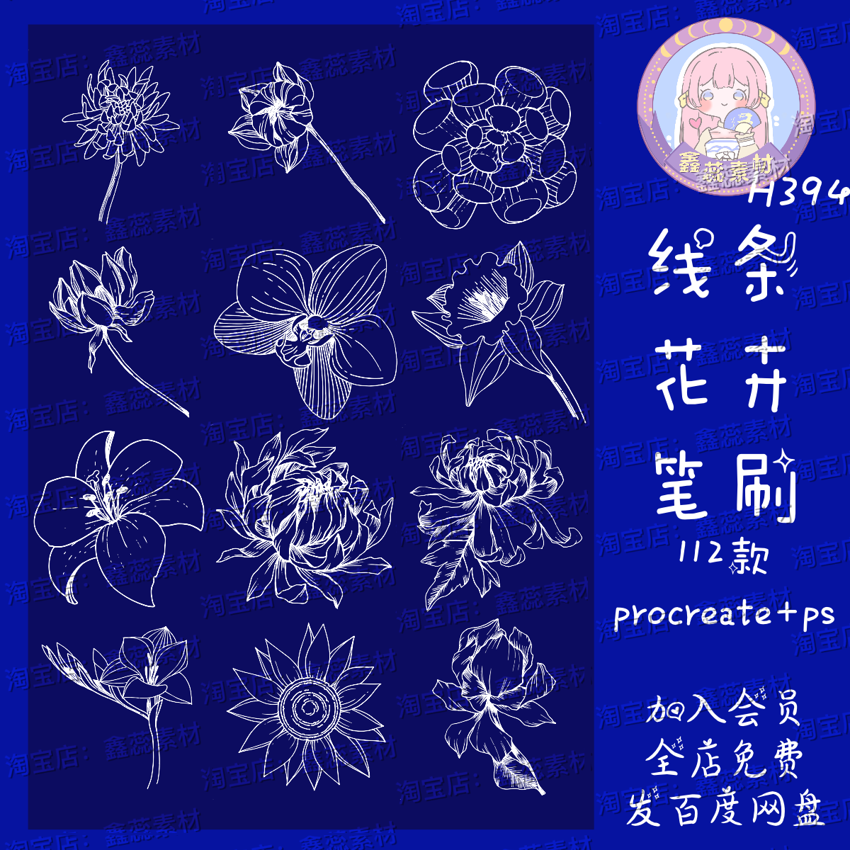 procreate笔刷ps笔刷线条花卉花朵线稿辅助线绘画笔刷