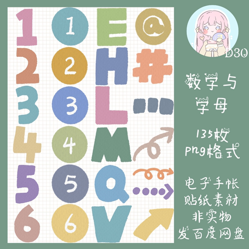 电子手帐贴纸数字与字母透明免抠ipad/notability/goodnotes素材