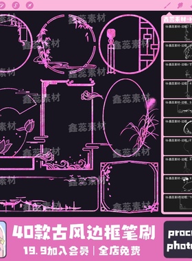 procreate笔刷ps笔刷古风边框中国风花边竹子花朵灯笼古代笔刷