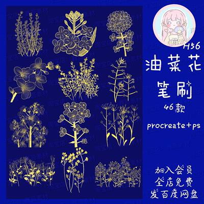 procreate笔刷ps笔刷油菜花花丛植物花朵花卉线稿辅助线笔刷