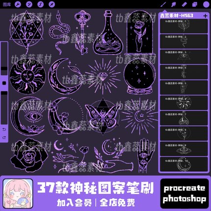 procreate笔刷ps笔刷神秘魔法星星月亮玫瑰纹样图案装饰元素笔刷