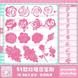 procreate笔刷ps笔刷植物类玫瑰花花卉线稿剪影插画练习笔刷