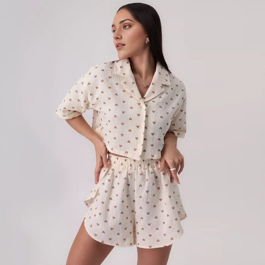 Printed shirt shorts set 欧美纯棉翻领印花短袖衬衫短裤套装女