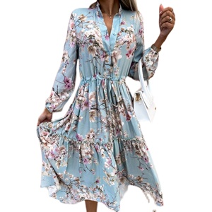 春季新款V领花色印花收腰系带褶皱大摆中长款度假长袖连衣裙DRESS