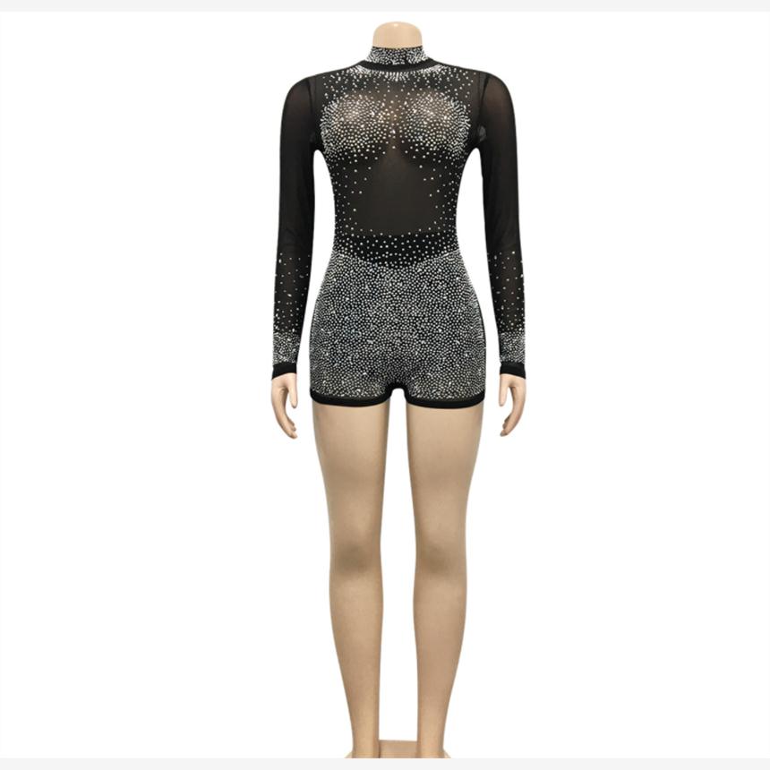 Mesh Perspective Jumpsuit 性感网纱圆领烫钻透视长袖连体短裤女