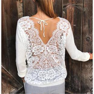 黑色圆领性感后背镂空蕾丝拼接系带长袖 欧美时尚 T恤shirt 新款 春季