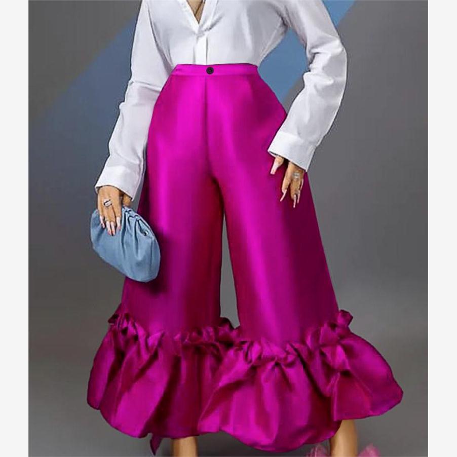 Rose Red Ruffle Pants 设计感荷叶边高腰玫红色大码收腰阔腿长裤