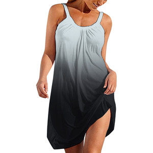 速卖通夏季新款圆领休闲吊带宽松腰渐变色无袖连衣裙海边沙滩短裙