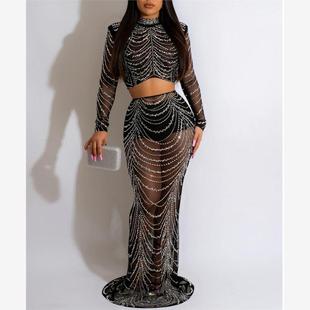 網(wǎng)紗燙鉆透視性感上衣半身長裙套裝 Mesh Set Skirt Hot Diamond