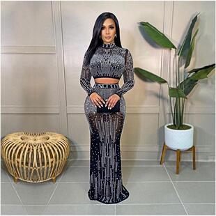 skirt shirt 欧美性感网纱烫钻长袖 T恤半身长裙套装 suit Mesh