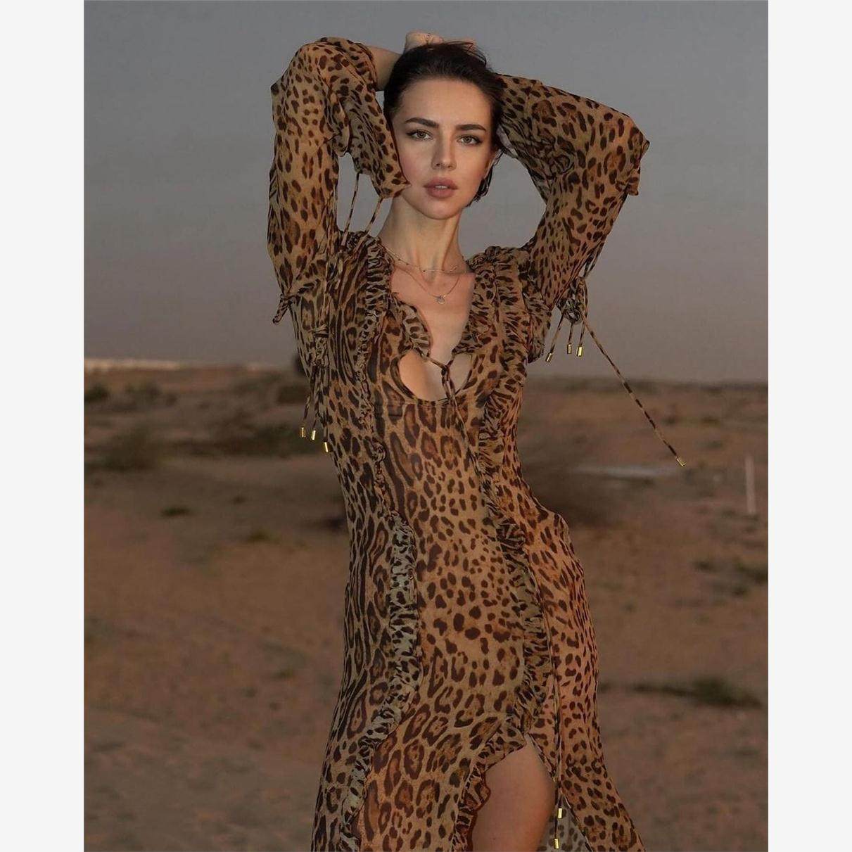 Chiffon leopard print dress雪纺性感豹纹V领长袖荷叶边度假长裙