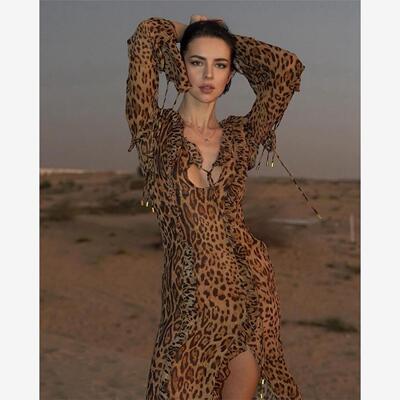 Chiffon leopard print dress雪纺性感豹纹V领长袖荷叶边度假长裙