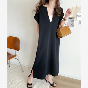 韩版夏季简约套头卡其色V领宽松前短后长侧开叉中长款连衣裙DRESS