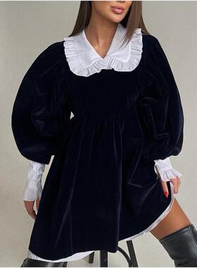 Lantern Sleeve Velvet Dress 法式娃娃领丝绒荷叶边蓬蓬连衣裙女