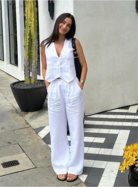 Vest pants cotton set 法式棉麻无袖背心马甲长裤白色休闲套装女