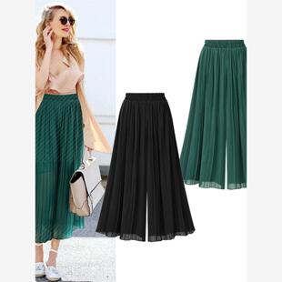 夏装新胖MM大码女装显瘦百褶宽松雪纺阔脚裤women Wide Leg Pants
