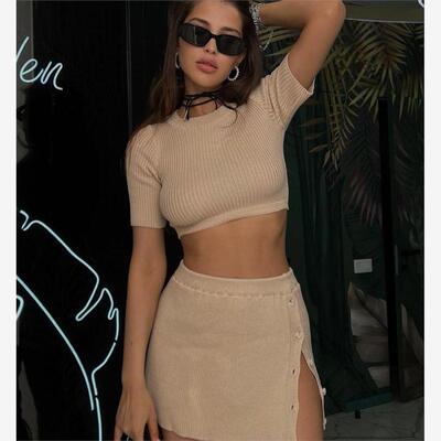 Knitted Slit Skirt Set 欧美性感纯色上衣开叉纽扣针织短裙套装